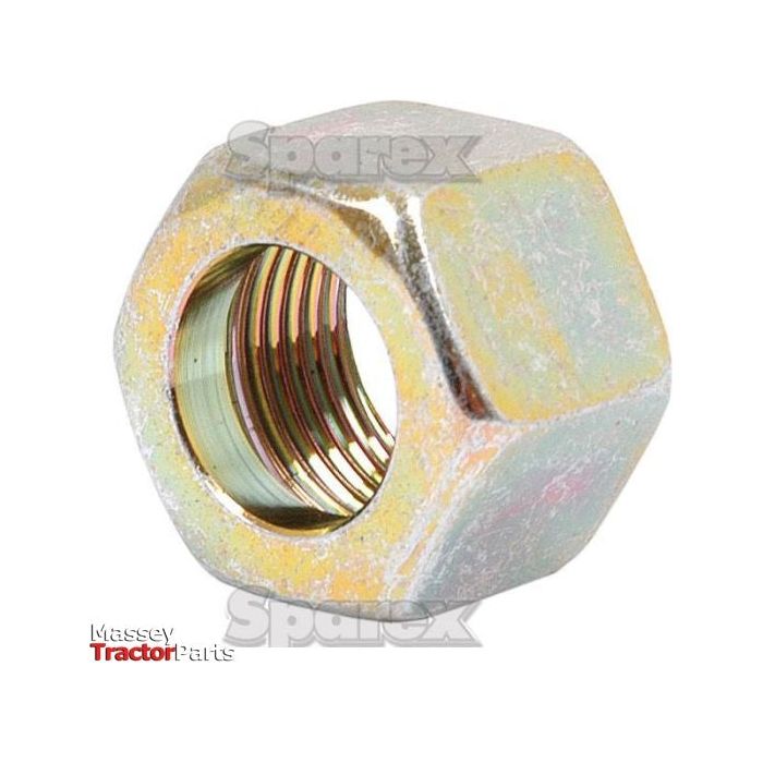 A hexagonal union nut with internal threading, branded "Sparex," featuring a thread size of M18 x 1.50 and nominal I/D of 10.00, known as Union Nut M18x1.50 Metric DN04 | Sparex Part No.S.31245.