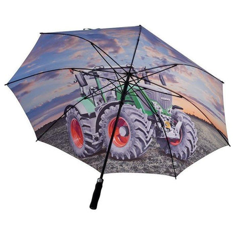 The Fendt Umbrella by AGCO, model X991018140000, is an automatic opening umbrella featuring a printed image of a tractor on a field against a sunset sky, offering excellent rain protection.