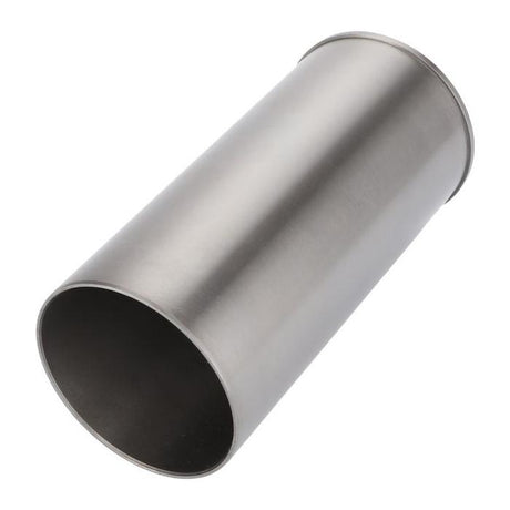 A silver, cylindrical metal pipe with smooth surfaces, open at both ends, positioned diagonally against a white background, resembling the Massey Ferguson Un-Finished Liner (model 748215M1) by AGCO.