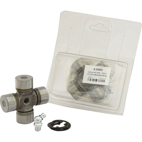 The Sparex Universal Joint - 23.8 x 61.2mm (Standard Duty) (Agripak 1 pc.) | Sparex Part No.S.23503 is shown along with its Agripak packaging, complete with a grease fitting and a retaining clip.