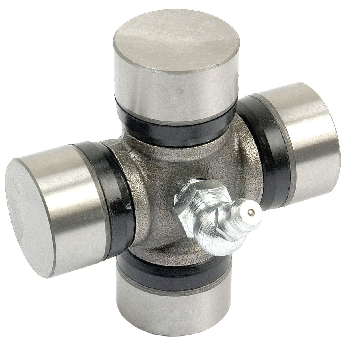 Close-up of the Sparex Universal Joint 24.0 x 62.5mm (Sparex Part No.S.43421) with four cylindrical ends and a central component featuring a grease fitting.