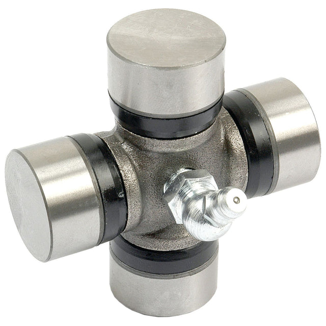Close-up of the Sparex Universal Joint 24.0 x 62.5mm (Sparex Part No.S.43421) with four cylindrical ends and a central component featuring a grease fitting.