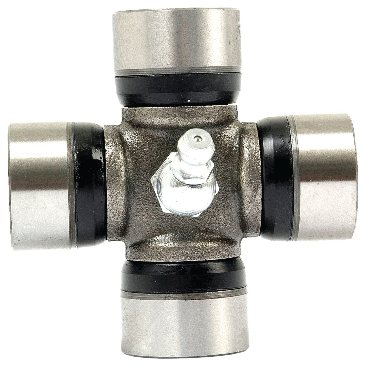 The Universal Joint 24.0 x 62.5mm, Sparex Part No.S.43421, is a cross-shaped component featuring four cylindrical bearings, specifically designed to transmit rotational power in machinery such as Ford New Holland or Case IH equipment.