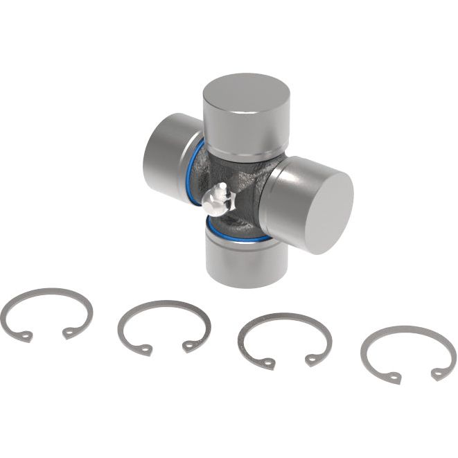 A Weasler Universal Joint - 27 x 74.5mm (Standard Duty) by Sparex, Part No. S.72448, is displayed with four metal clips laid out below it.