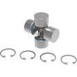 A Weasler Universal Joint - 27 x 74.5mm (Standard Duty) by Sparex, Part No. S.72448, is displayed with four metal clips laid out below it.