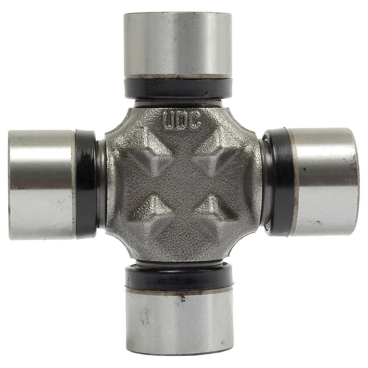 A robust Sparex Universal Joint 27 x 81.50mm (Sparex Part No. S.22508) featuring four cylindrical ends and a textured central cross-section, specifically designed to meet the demanding specifications of International Harvester equipment.