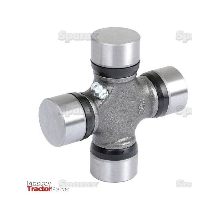 The Universal Joint 27 x 82mm (Sparex Part No. S.42390) is a metal universal joint with four end caps and black seals, photographed against a plain white background with the text "Spares" and "Tractor Parts" partially visible in the backdrop. Designed for Case IH models, it includes an efficient side greaser for easy maintenance.