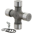 A Sparex Universal Joint - 30.2 x 106.5mm (Standard Duty) with four bearing caps, a grease fitting, and several snap rings arranged next to it for the Fiat G170.