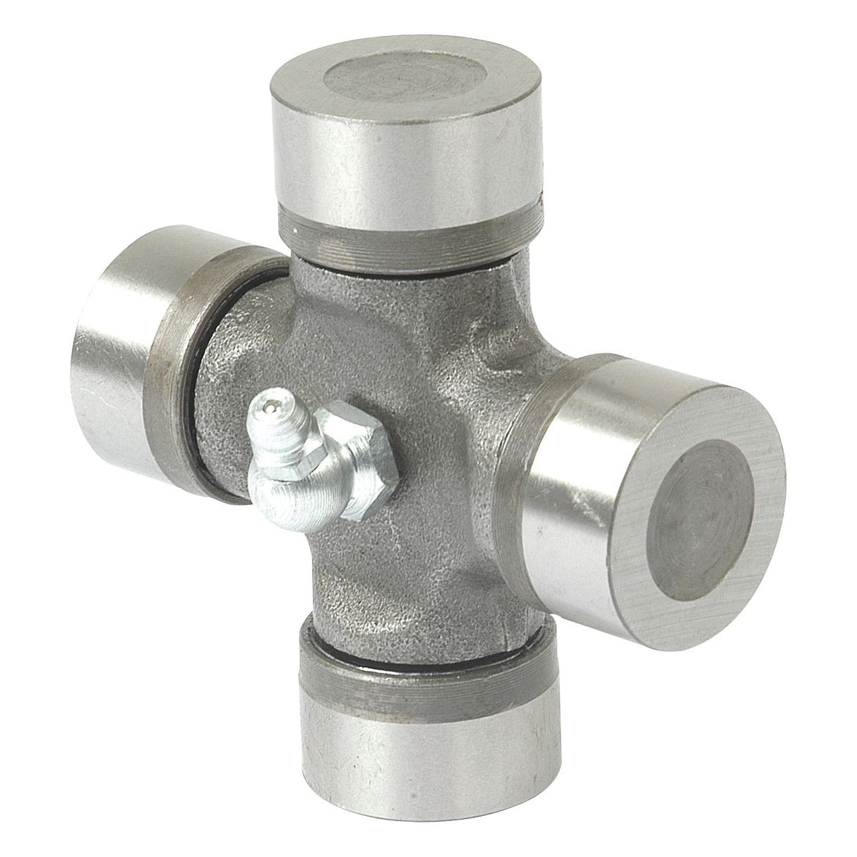 A Sparex Universal Joint - 30.2 x 92mm (Standard Duty) with four cylindrical ends and a grease fitting in the center, compatible with Fiat 9959701 (Sparex Part No. S.2449).