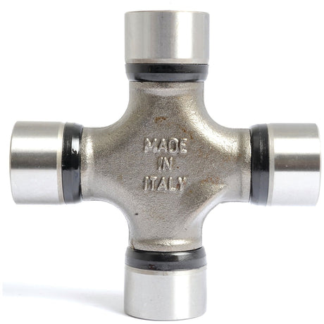 Image of the Sparex Universal Joint 30.3 x 107.2mm | Part No.S.65006, with "Made in Italy" stamped on the central cross piece. The component, compatible with Ford / New Holland machinery, has four cylindrical ends with black seals.