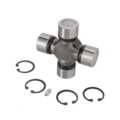 Image of an AGCO Massey Ferguson Universal Joint (part number 3427330M91) and five small circular components, including four C-clips and one zerk fitting, arranged on a plain white background. This detailed setup is ideal for Massey Ferguson 3600 Series tractors.