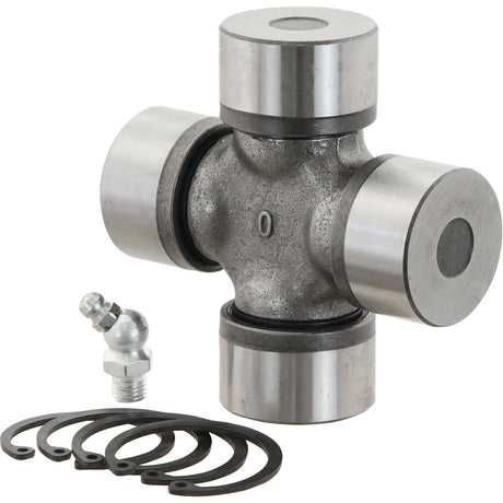 The Sparex Universal Joint - 36 x 89mm (Standard Duty) | Sparex Part No.S.6451 and its components, including bolts and retaining clips, are perfectly laid out on a white background. This high-quality Sparex part ensures reliable performance for various machinery models such as AW36/W2500.
