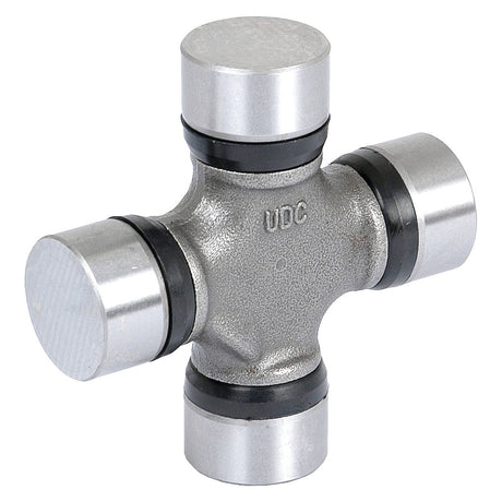 A Universal Joint (Sparex Part No. S.56841) by Sparex, featuring a silver body with four cylindrical ends and black rubber seals, commonly used in Landini tractors or Massey Ferguson machinery for transmitting motion between components in various mechanical applications.