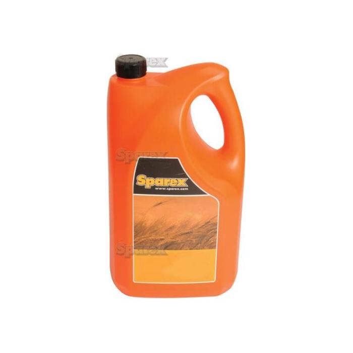 A large orange plastic container with a black cap and handle labeled "Sparex," displaying the website address and an image of a field. This container holds Universal Oil 10W/40, 5 liters, perfect for all your agricultural lubricant needs (Sparex Part No.S.105866).