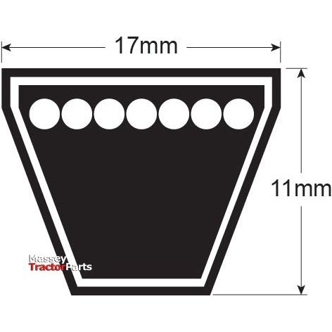 Diagram of a trapezoidal-shaped belt with a 17mm top width and an 11mm height, indicating placement of six circular holes inside. Text reads "Massey Tractor Parts - Sparex V Belt - B Section - Belt No. B36 1/2 | Sparex Part No. S.22380.