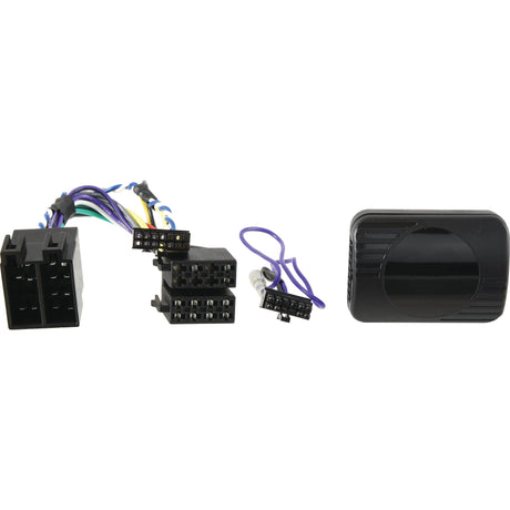A set of electrical connectors and cables next to a black plastic component, likely for automotive or electronic use, showcased alongside a KENWOOD Steering Wheel Control, isolated on a white background.