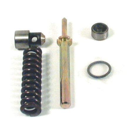 A close-up of mechanical parts, including the Valve Assembly | Sparex Part No.S.60546 by Sparex, a coil spring, a cylindrical piece, and a rod with a hole. You also see a small ring and round bearing, potentially components from John Deere machinery.