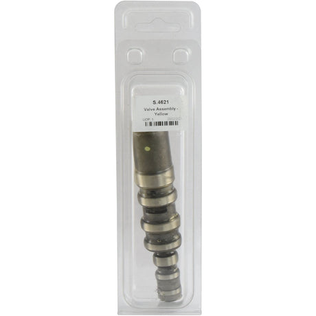A valve control assembly in plastic packaging with the label "Valve Control Assembly - Yellow | Sparex Part No. S.4621." The assembly includes multiple cylindrical components of varying sizes, compatible with Ford / New Holland machinery from the Sparex brand.