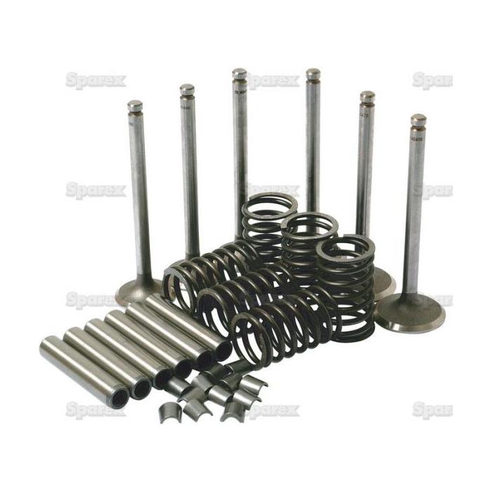 The Valve Train Kit - S.41586 by Sparex includes valve guides, inlet valves, springs, retainers, and other components arranged neatly against a white background.