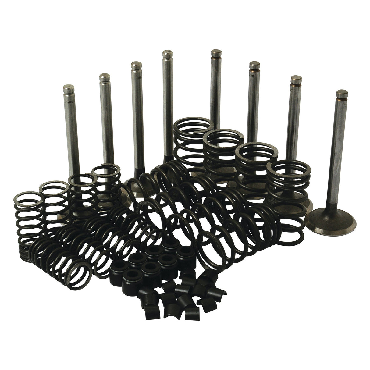 The Valve Train Kit - S.41588 by Sparex is a neatly organized collection of engine valve components, featuring multiple exhaust and intake valves, valve springs, retainers, and locks.