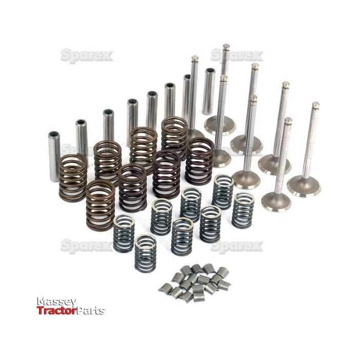 The Valve Train Kit - S.41590 from Sparex, featuring components such as valve springs, valves, intake valve guides, and retainers, is arranged on a white background with the Massey Tractor Parts logo in the bottom left corner.