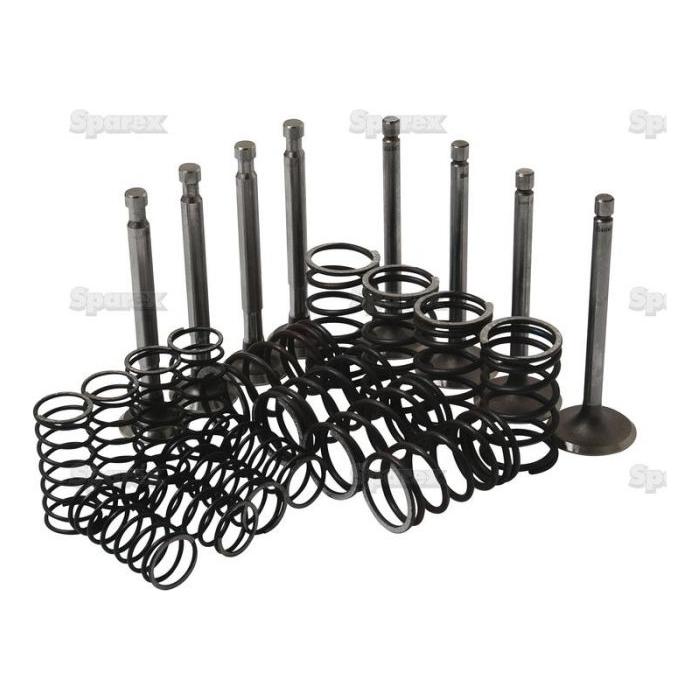 A Valve Train Kit - S.41946 from Sparex, featuring metal engine valves, intake valves, and valve springs, arranged neatly against a plain background.