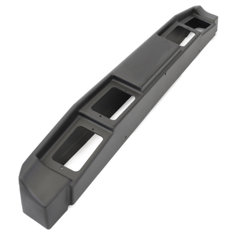 A black, rectangular automotive bumper with three large cutout sections and an angular design, similar to the robust attributes of the AGCO Massey Ferguson 8200 Series Visor (Product Code: 3780675M1).