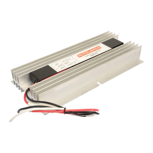 A rectangular LED driver with fins for heat dissipation, labeled "Voltage Dropper 10 amp 24V 12V | Sparex Part No.S.25736," featuring red, black, and white wires extending from one end. This Sparex voltage dropper ensures efficient performance for your lighting needs.