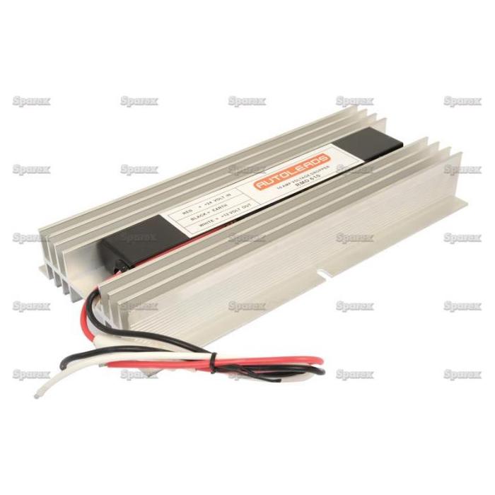 A silver metallic electronic component with attached red, black, and white wires, featuring a label displaying technical specifications for the Voltage Dropper 10 amp 24v to 12v by Sparex (Part No. S.25736).