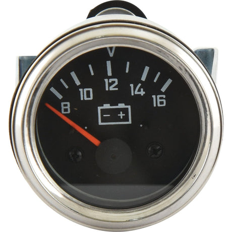 Close-up of the Sparex Voltmeter (Sparex Part No. S.36993), an 8/16V, 52mm round analog gauge featuring a black face and chrome ring, displaying a battery symbol and indicating a voltage reading of approximately 10 volts.