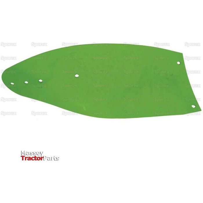 The Mouldboard (RH) - S.127459 from Sparex is a green metal replacement part for Massey tractors. It has a curved shape with several holes for fasteners, resembling blade or panel components often found in Vulcan or Dowdeswell equipment.