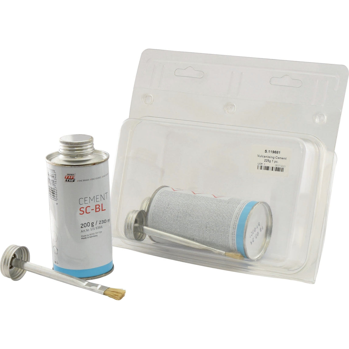 A can of Sparex's Vulcanising Cement 225g (Sparex Part No.S.119681) with an attached brush applicator, placed next to an empty, clear plastic blister packaging labeled Agripak, containing 225g of adhesive.