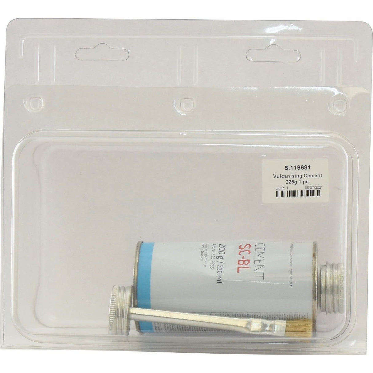 A package containing a can of Sparex Vulcanising Cement 225g 1 pc. (Sparex Part No. S.119681) with a small brush attached.