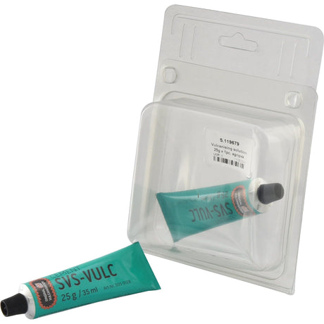 Two tubes of Sparex Vulcanising Solution 25g Agripak (Sparex Part No. S.119679), one partially inside a transparent plastic blister pack and the other lying outside.