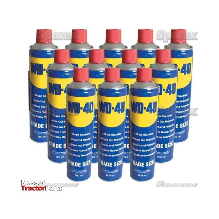 A case of twelve 600ml cans of WD-40 Aerosol, labeled with the iconic blue and yellow design and red caps, highlighting their multi-purpose maintenance lubricant capabilities. This product is available under the brand name Sparex, with Part No. S.28396.