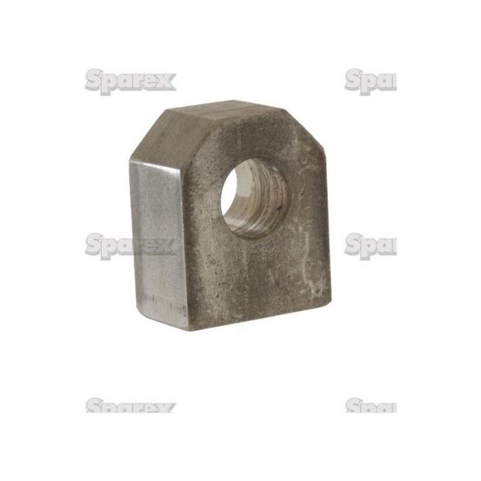 A WELD-ON EYE 20MM metal block, featuring a threaded central hole and beveled edges, is displayed against a white background with "Sparex" logos watermarked. The applicable Tariff Code for this Sparex Part No. S.31211 is 8412212090.