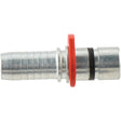 A hose connector featuring a ridged nozzle and red washer, ideal for connecting and securing hoses, also known as the Sparex WEO Hose Insert (Ref. 147100808, Sparex Part No. S.151482), designed for easy push fit compatibility.