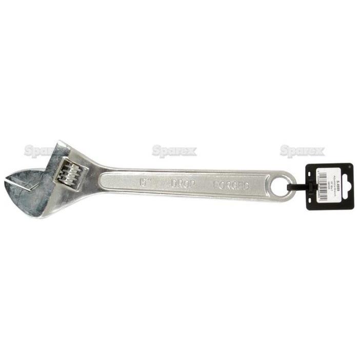 A metallic adjustable spanner, identified by a labeled tag on its handle, features the words "DROP FORGED" engraved. Crafted by Sparex, the 380mm (15'') Adjustable Spanner (Part No. S.4989) boasts Agripak's durable design and an adjustable jaw width for versatile usage.