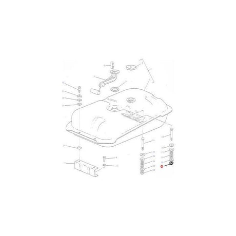 Illustration of a washer tank assembly with labeled parts, including screws, a fuel cap, and connecting hoses. The layout is inspired by the classic design of AGCO's Massey Ferguson 100 Series tractor part - Washer Tank Mount (890486M1).