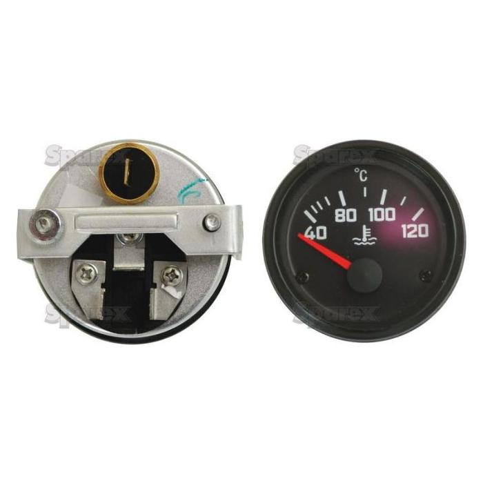 A close-up of two components: the backs of a metal gauge with Sparex spade connectors and a Sparex Water Temperature Gauge (Sparex Part No. S.36978) featuring a black dial showing a temperature range from +40°C to +120°C with a red indicator.
