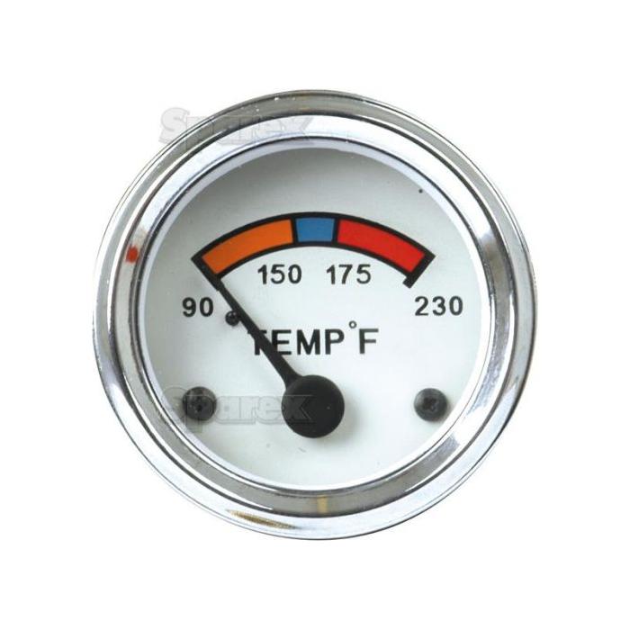A Sparex Water Temperature Gauge (Sparex Part No. S.66874) features a round analog display indicating Fahrenheit with a needle pointing to approximately 130°F. The gauge is illuminated and includes colored sections: blue, orange, and red for different temperature ranges. This product is ideal for Ford/New Holland models, ensuring accurate readings.