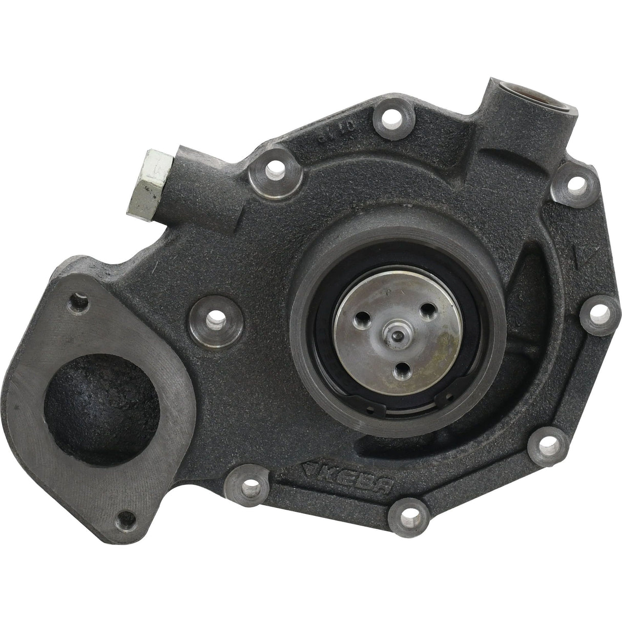 Image of a metal automotive Water Pump Assembly with a housing that has multiple bolt holes and a circular opening in the center. Featuring a durable gasket, this Sparex Part No.S.141007 component is essential for circulating coolant in an engine, making it ideal for John Deere machinery.