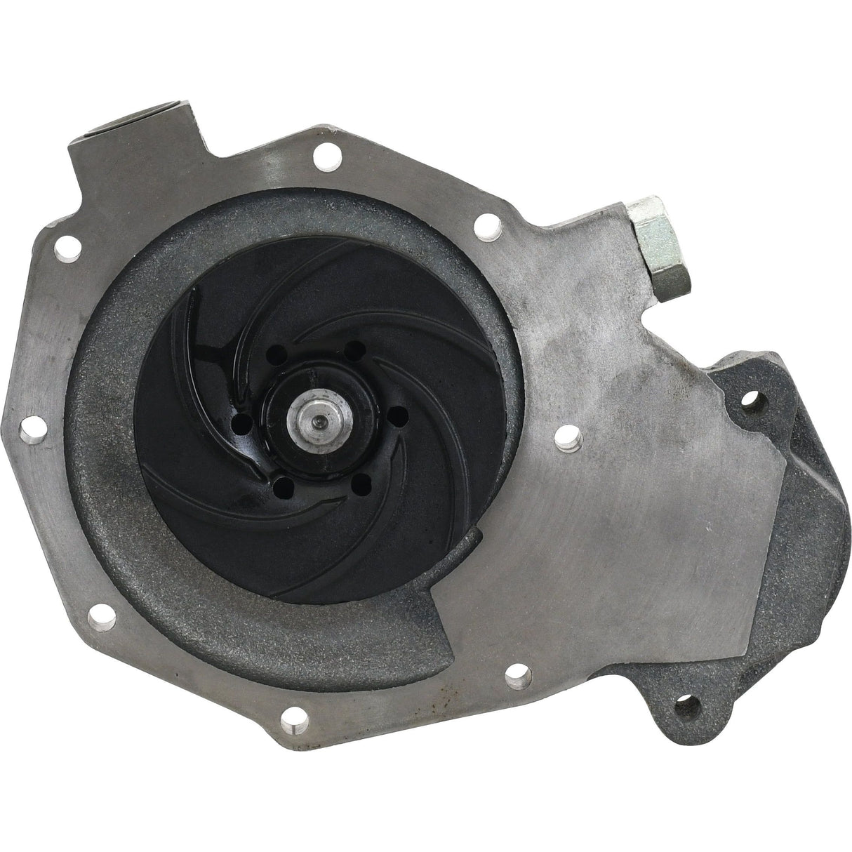 A metallic mechanical part resembling a gasket, featuring a circular black component in the center and several holes and bolts around its perimeter, indicative of meticulous engineering found in John Deere machinery. This is the Water Pump Assembly from Sparex, Part No. S.141007.