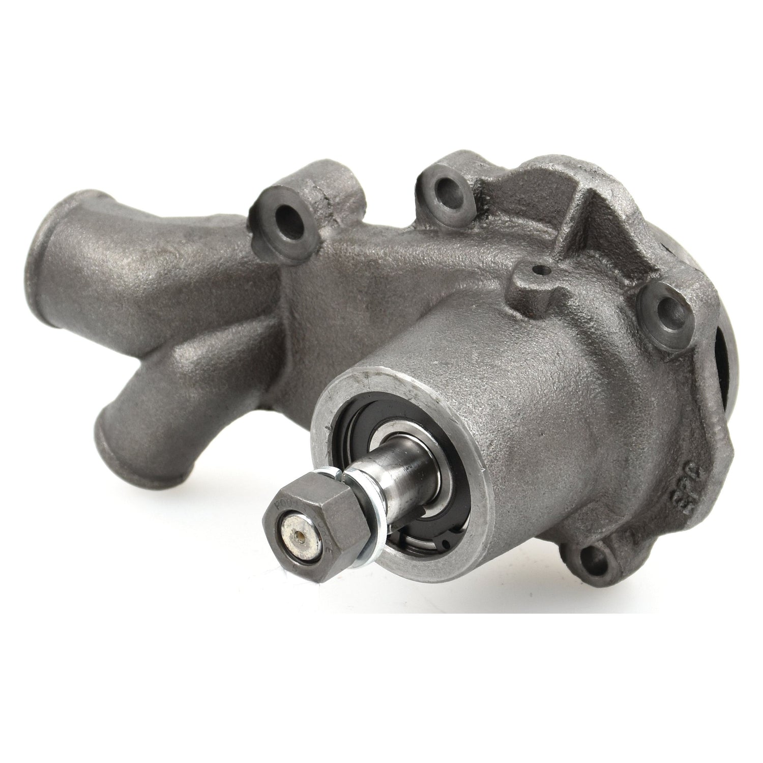 Close-up of the Sparex Water Pump Assembly - S.40038, featuring two inlet/outlet ports and a rotating shaft equipped with a bearing and securing nut. The gray component includes an impeller designed for efficient engine cooling.