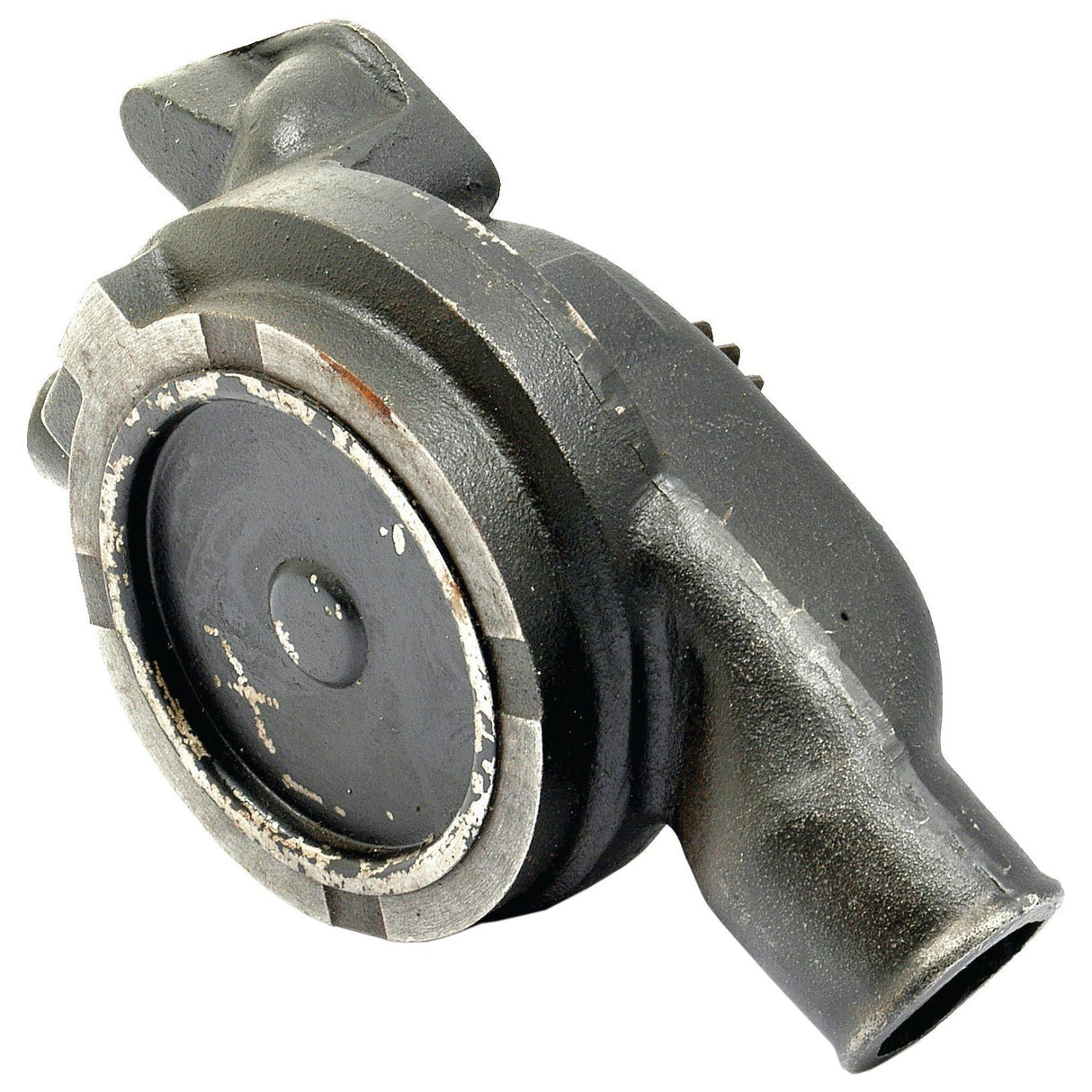 Rusty black and silver automotive part with a circular center, an elongated outlet, and gear details on its side, resembling a Water Pump Assembly (Sparex Part No. S.43549) for Massey Ferguson machinery by the brand Sparex.