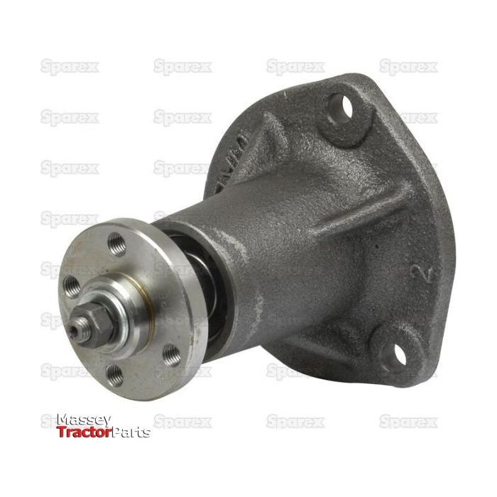 The Sparex Water Pump Assembly - S.43576 is a metallic tractor engine part with a trapezoidal bolt pattern and cylindrical body, featuring multiple bolt holes, a flange, and a central rotating component, suitable for petrol and 23C diesel models.