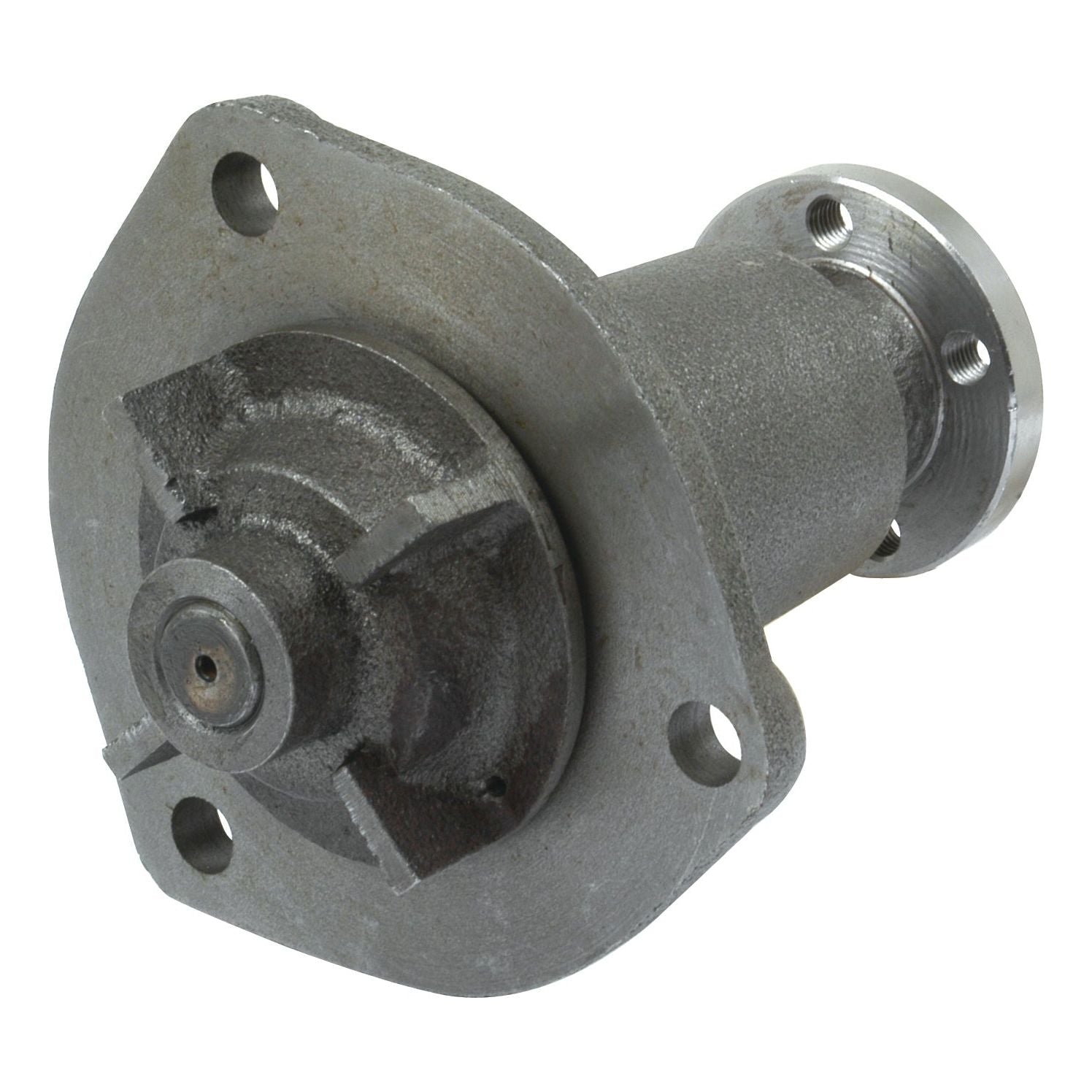 A close-up view of the Sparex Water Pump Assembly (S.43576) revealing its cylindrical body, mounting flange, and attachment points with a Trapezoidal Bolt pattern compatible with petrol and 23C Diesel models.