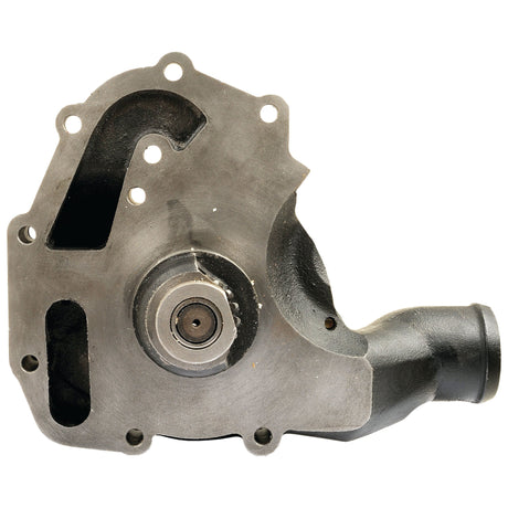 Zoomed-in view of a gear-driven metal water pump housing featuring multiple bolt holes and a circular opening for the pump shaft. The Water Pump Assembly - S.43941, compatible with the Perkins Engine Family, boasts a matte finish and is engineered for automotive applications. This part is also available from Sparex.