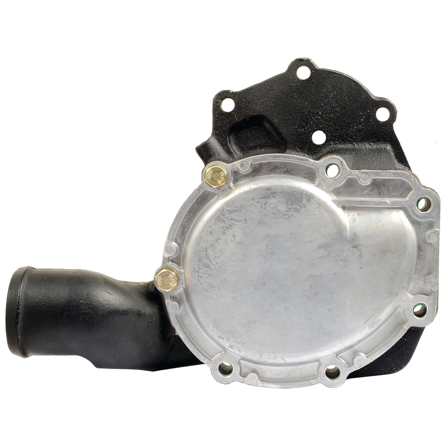 The Sparex Water Pump Assembly - S.43941 for the Perkins Engine Family includes a metal housing with a cover and bolts, and features an attached black hose outlet on the left side.