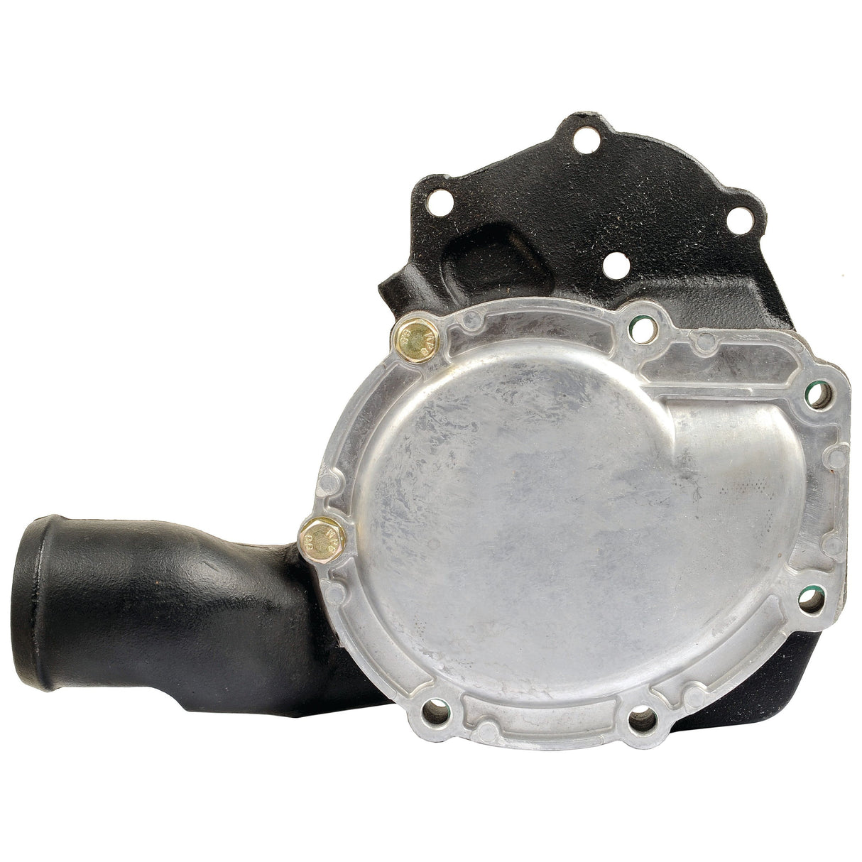 The Sparex Water Pump Assembly - S.43941 for the Perkins Engine Family includes a metal housing with a cover and bolts, and features an attached black hose outlet on the left side.